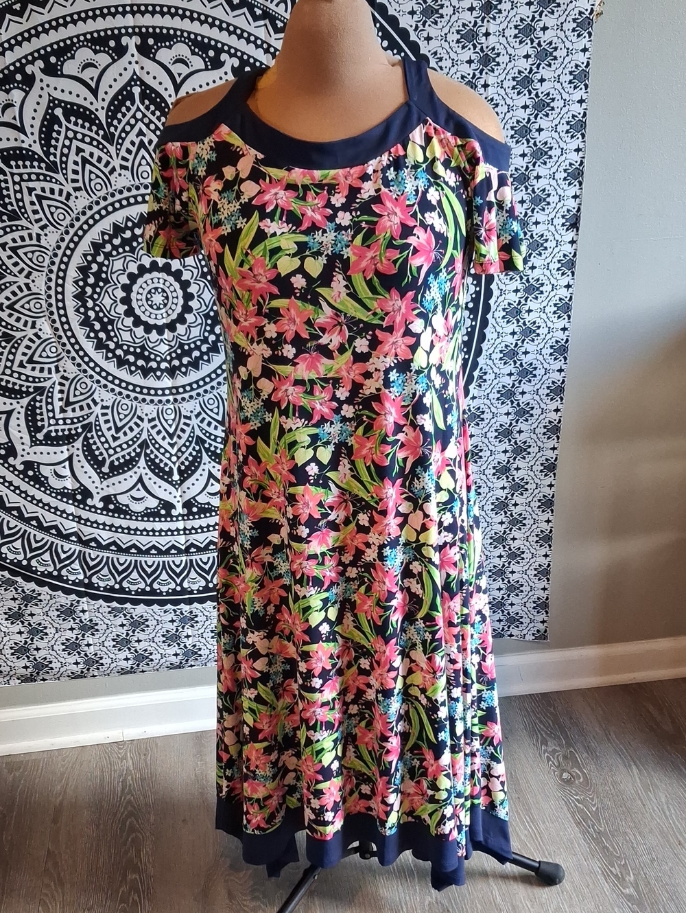 Rafaella Navy Cold-Shoulder Floral Midi Dress with Pink & Green Print